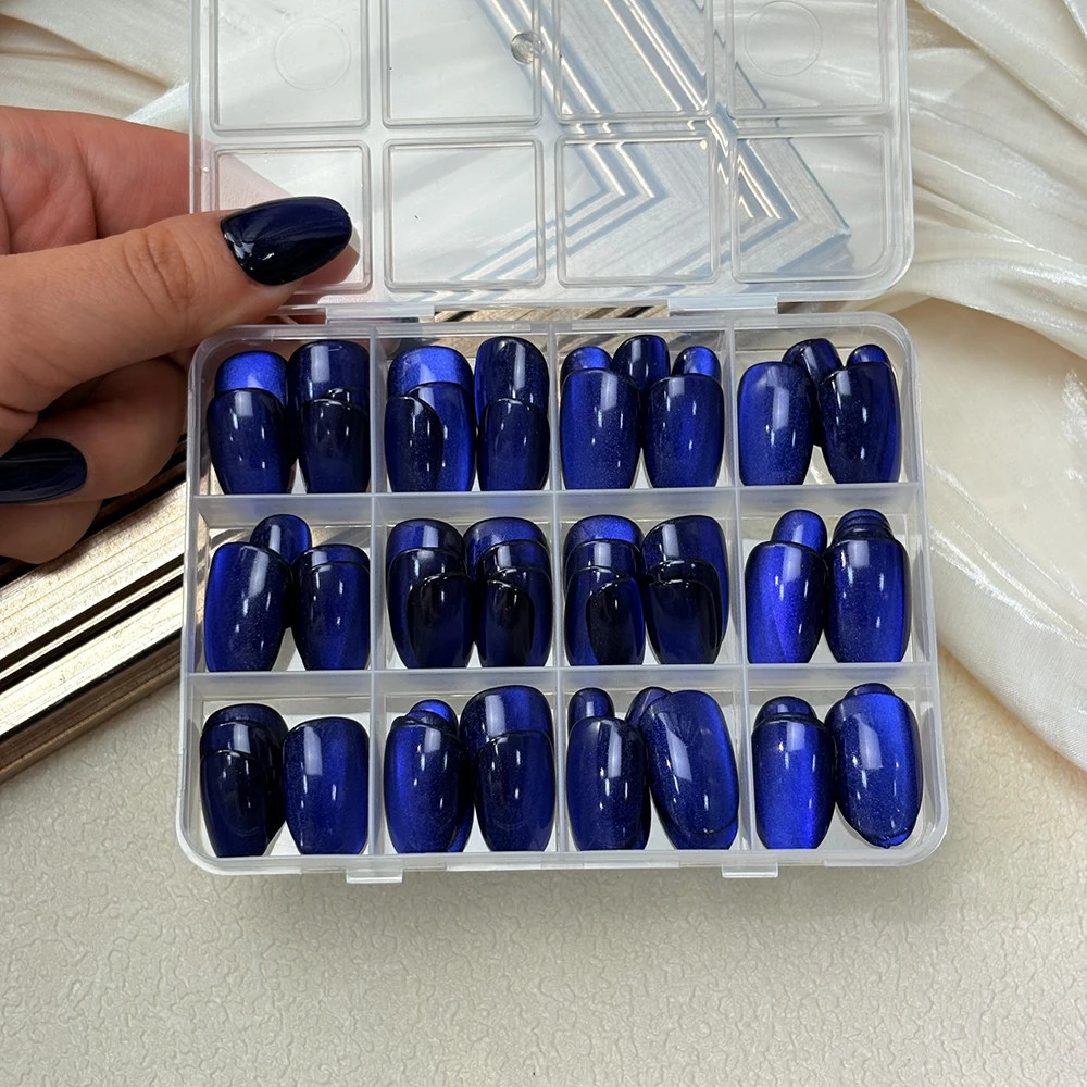 30 Pcs Sparkly Medium Oval Dark Blue Cat Eye Glossy Full Cover Artificial Press