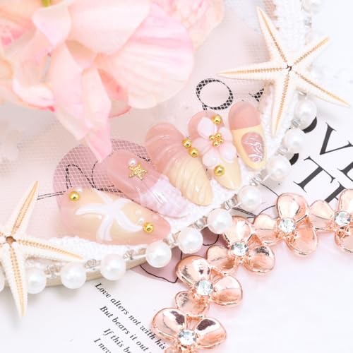 24Pcs Summer Press on Nails Ocean 3D Starfish Flower Fake Nails Summer Starfish