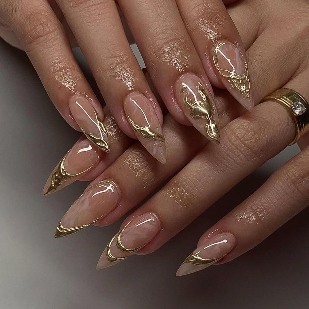 Glossy Gold Almond Fake Nails – 24 Pcs Full Cover Design for Effortless Glam