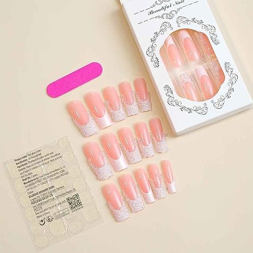 Square Press on Nails Long French, Pink Fake Nails Acrylic Black False Nails 3