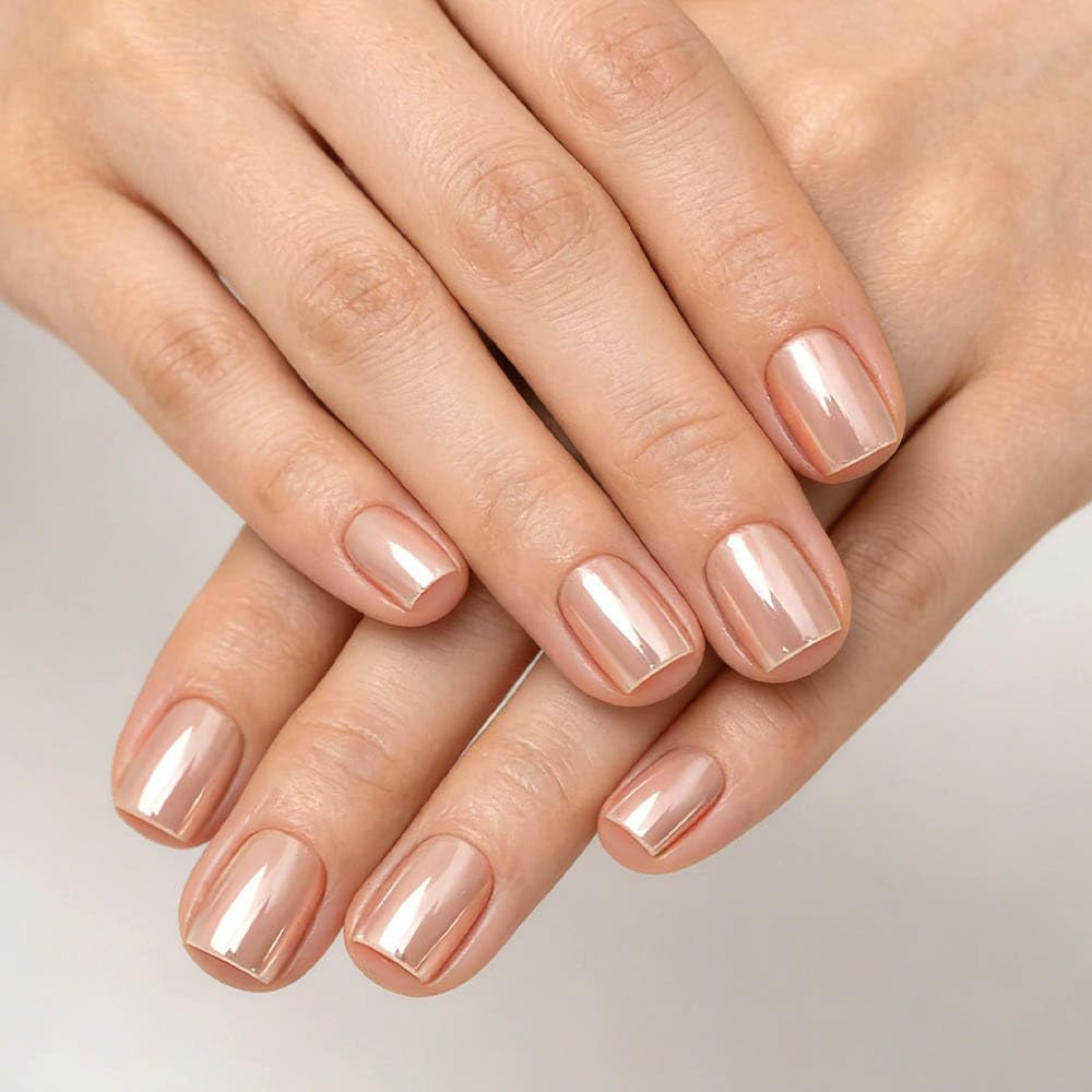 French Tip Press on Nails Square Medium Fake Nails Chrome Mirror Acrylic Nails P