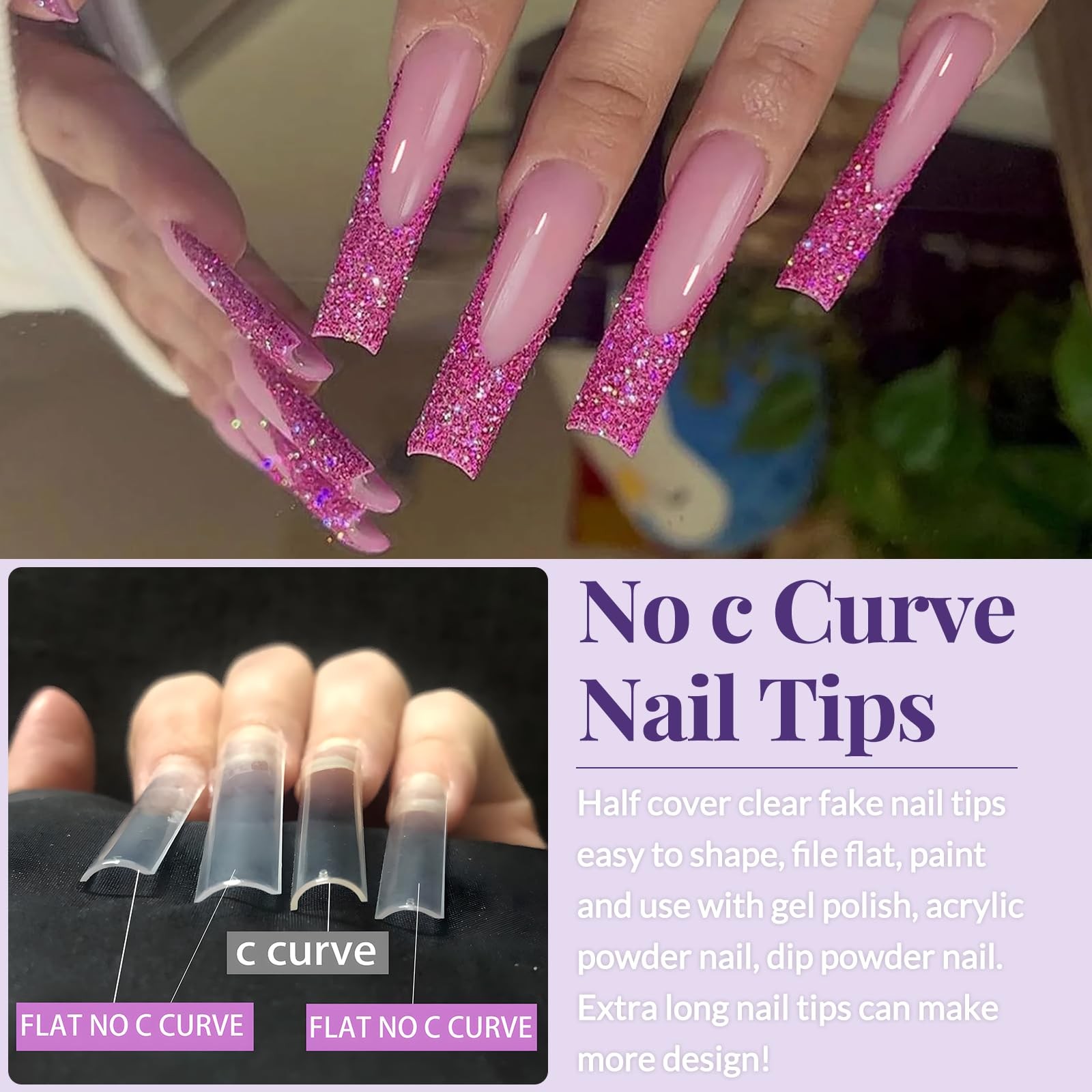 AddFavor Long Nail Tips Square XXL No C Curve 4.5cm Tips, Cream White