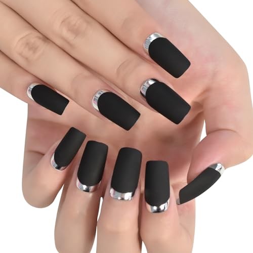 Matte Black Silver Metallic French Press On Nails Medium Length Square False
