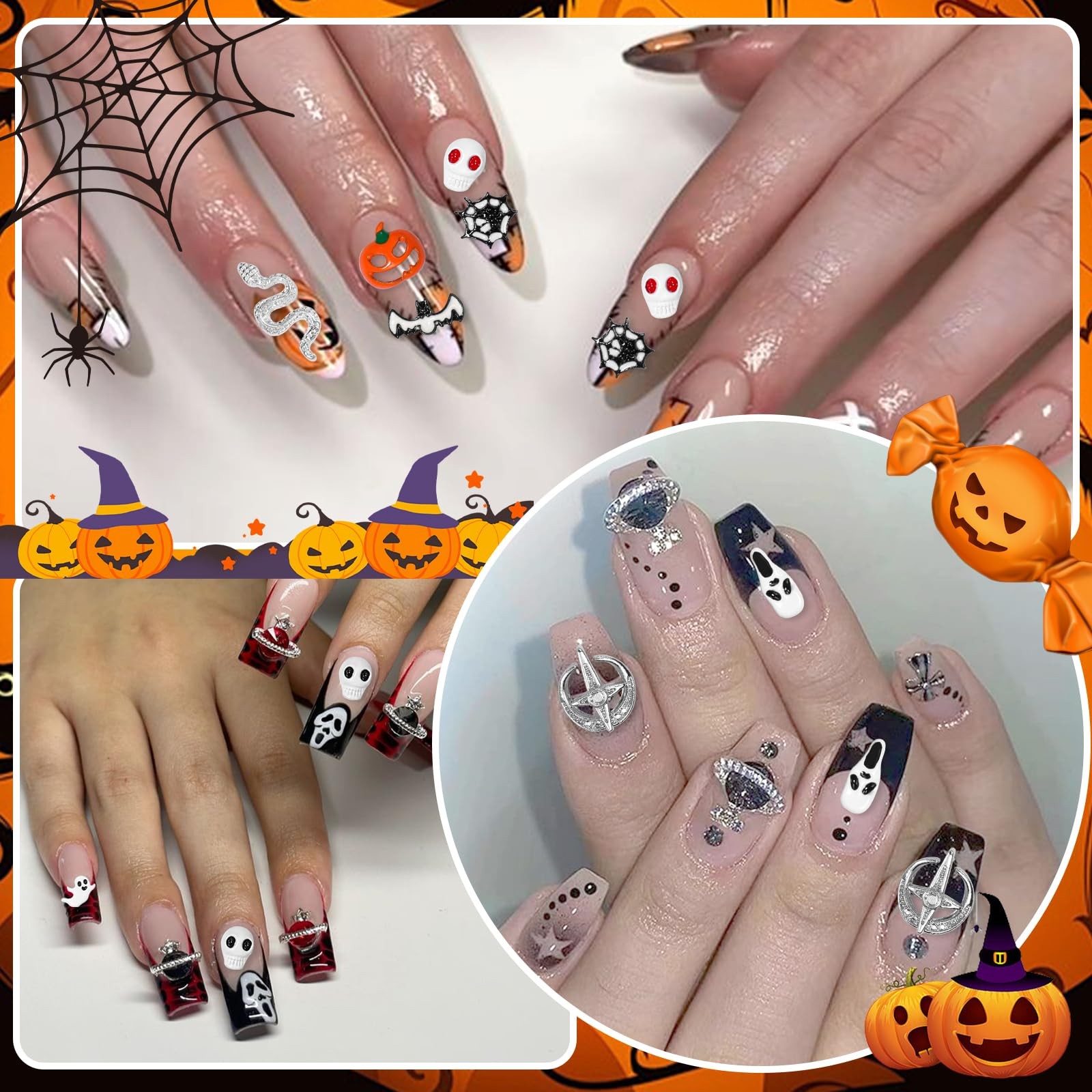 32 Pcs Halloween Nail Charms, 16 Styles Halloween Nail Art Charms Skull Pumpk…