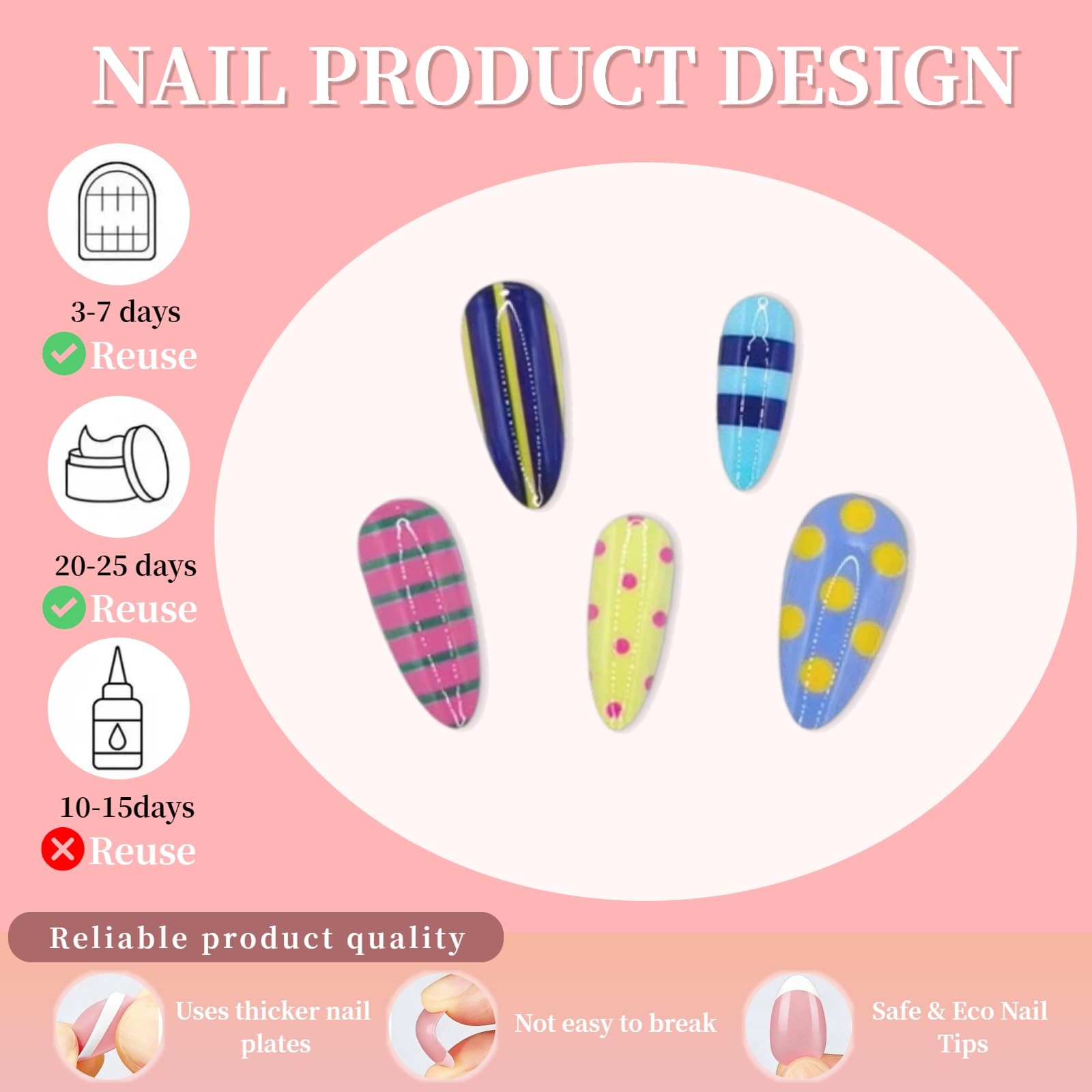 Tephrent Medium Almond Press On Nails Polka Dot Stripe