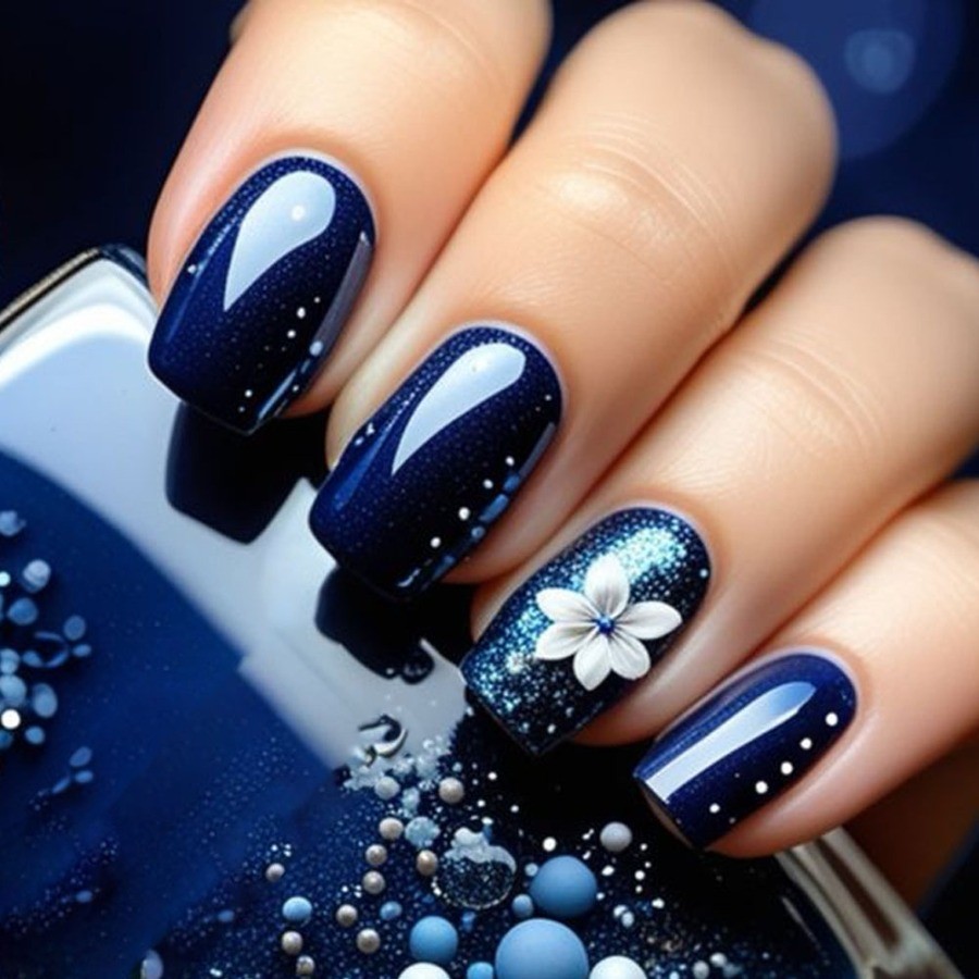 24pcs Medium Ballet Nails Purple Blue Floral with Mushroom Sea Plant Design