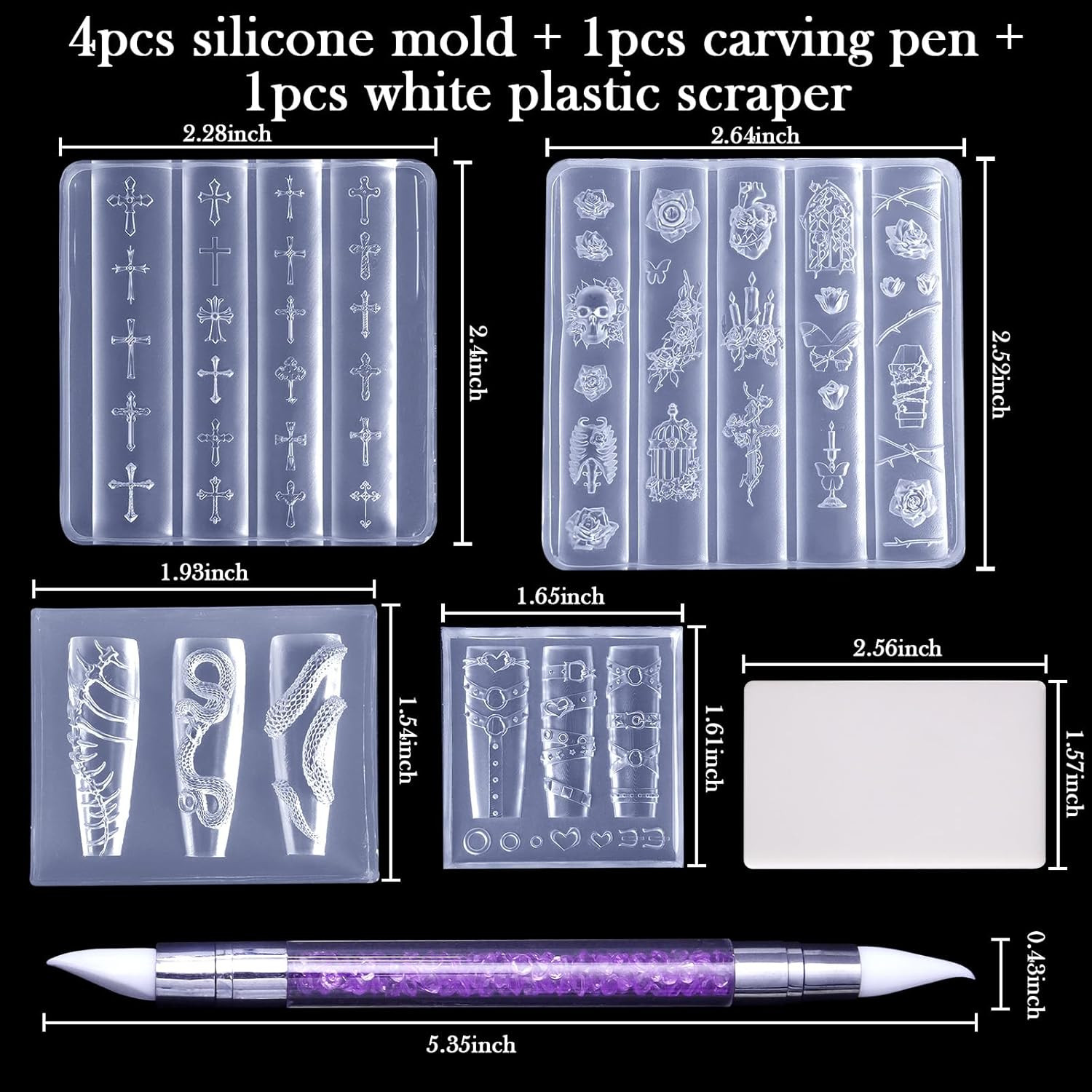 4Pcs Gothic Silicone Nail Art Molds, 3D Rose, Snake, Bones, Cross, Collar, Skull