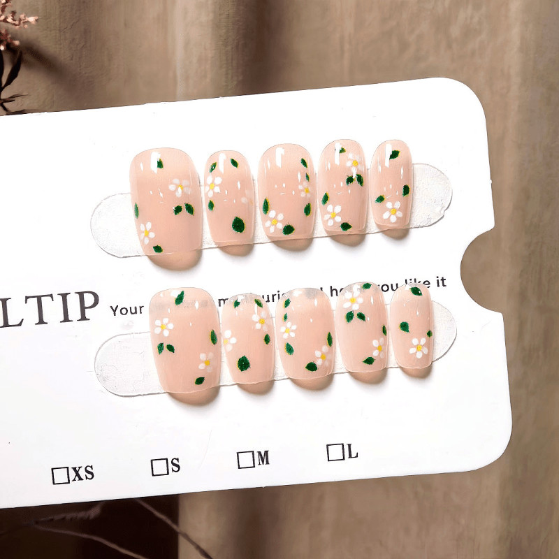 60pcs Short Almond Press on Nails, Nude Base Tiny White Daisy Green Dot Nails
