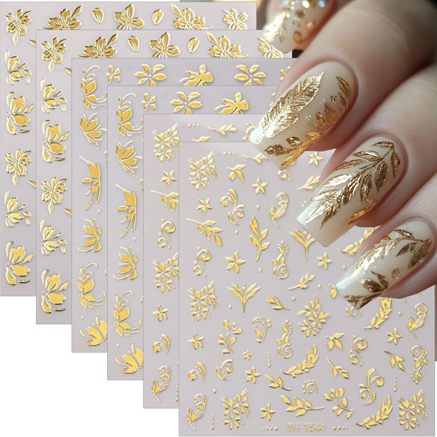 6 Sheets Gold 3D Nail Stickers Flower Leaf Nail Art Decals Self Adhesive Set 6