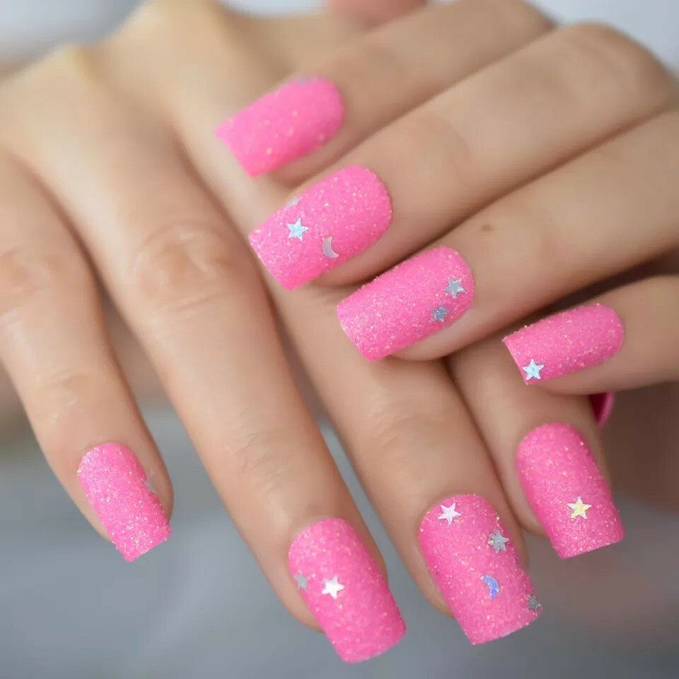 Hot Pink square Glitter Press on Nails with glue kawaii