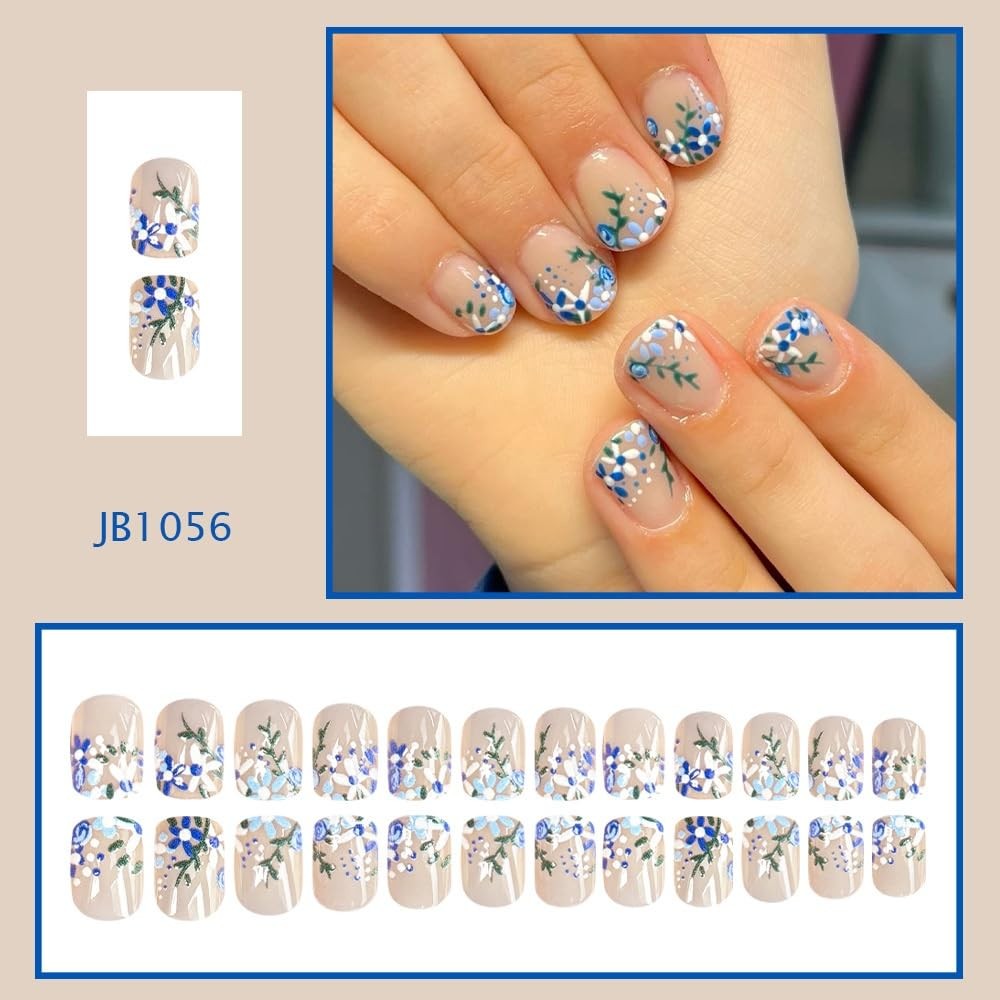 Flower Press on Nails Short Square Fake Nails with Blue Floral Design Glossy …