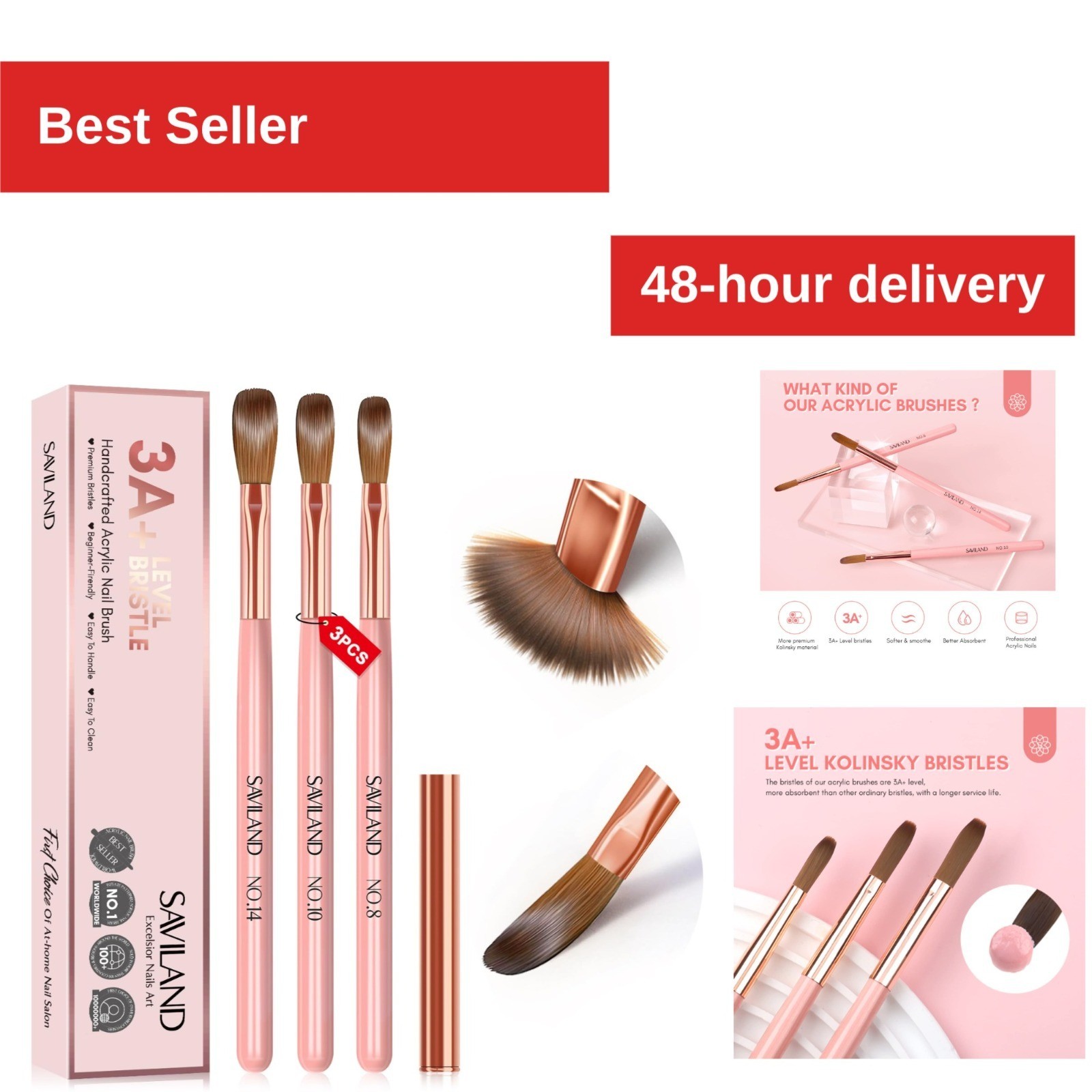 SAVILAND Acrylic Nail Brush Set – 3PCS Kolinsky Brushes for Nail Art