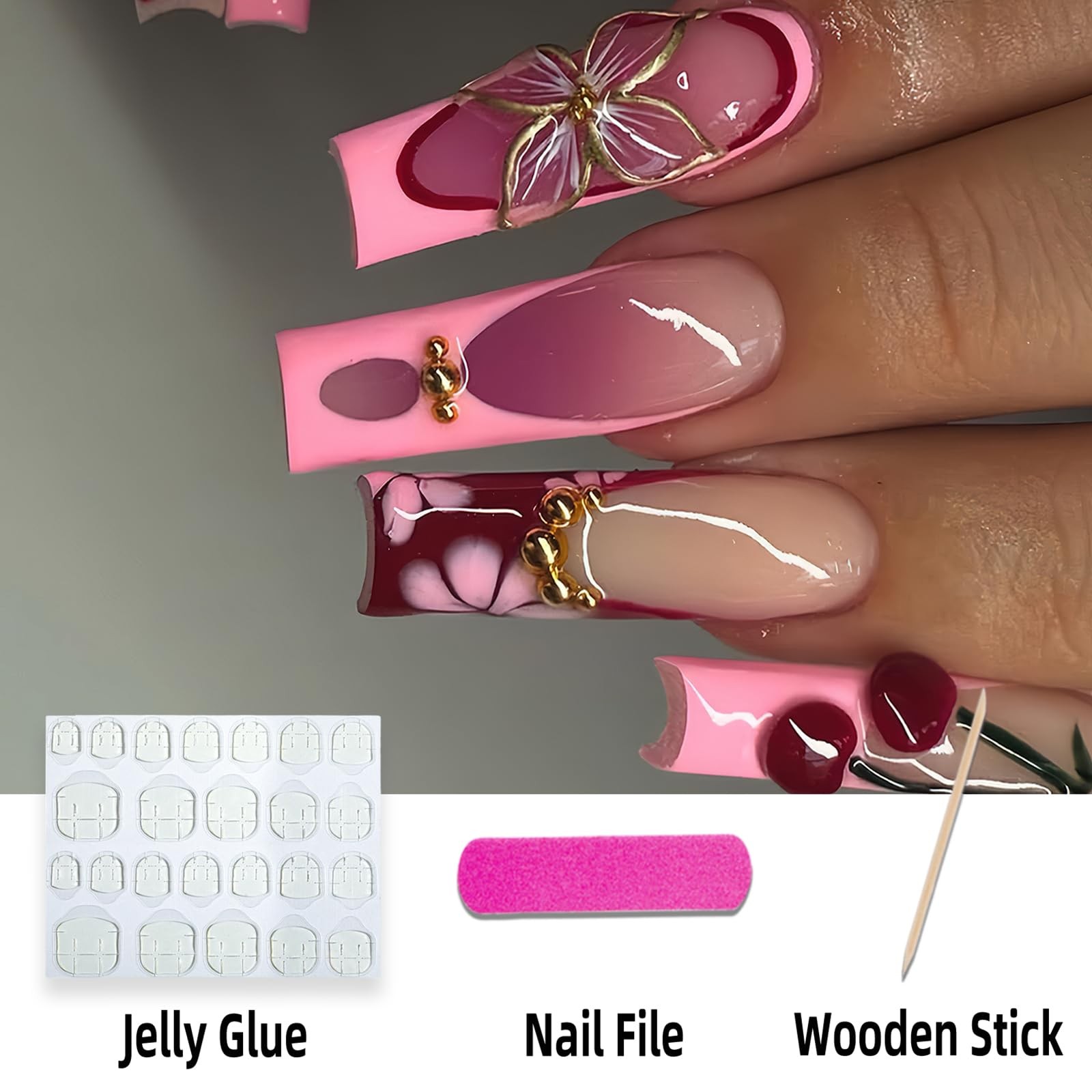 FNKFNK Pink Red French Tip Press on Nails Long Square Fake Nails with Gold Be…