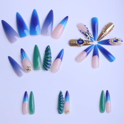 Blue Press on Nails Long Stiletto Fake Nails Ombre blue Ombre diamond Designs