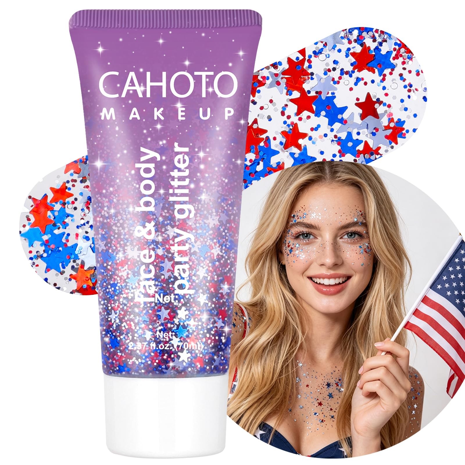 Flag Star Glitter , Red White Blue Star for Body Hair, Patriotic Pride USA Fl…
