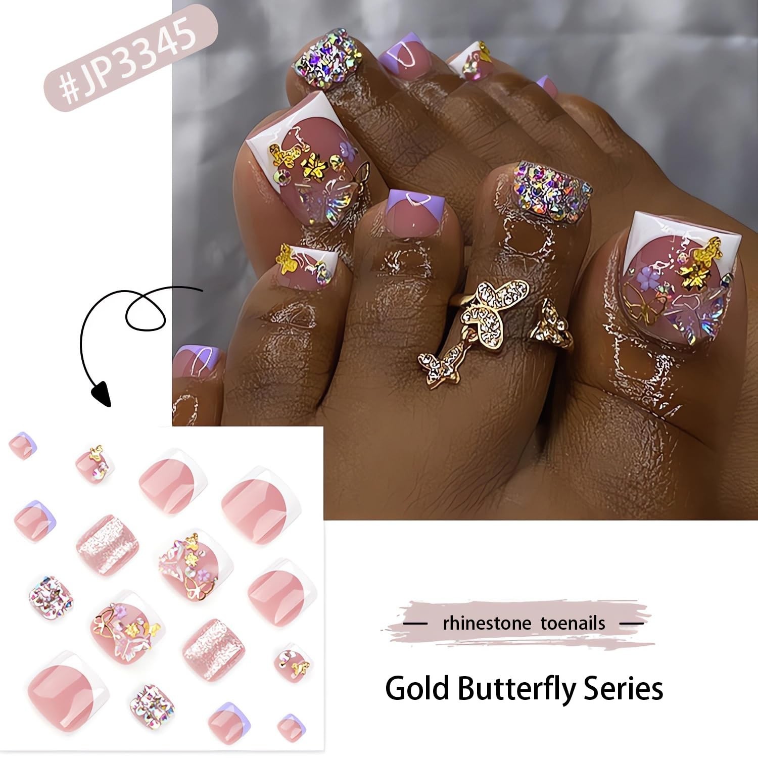 White French Tip Press on Toenails Short Square Fake Toe Nails with Gold style6