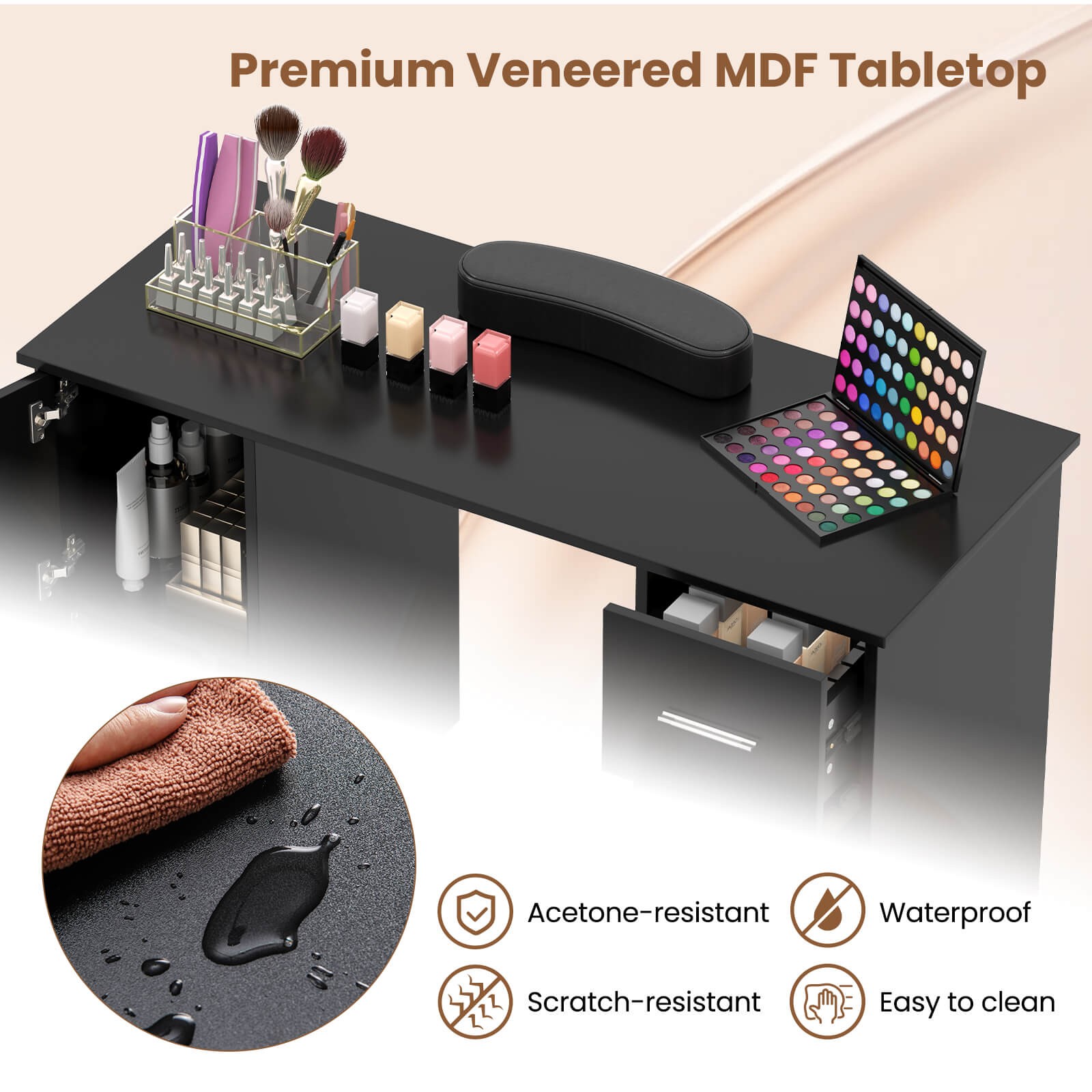 Manicure Table Nail Desk with Drawers Wrist Rest Metal Legs Nail Tech Station
