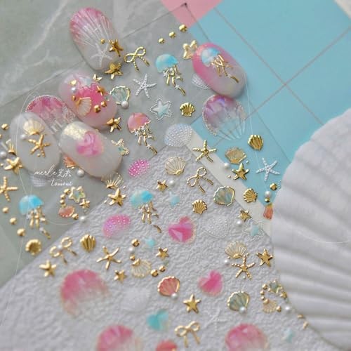 2Pcs Summer Nail Stickers for Nails Art,Extra Shiny shell starfish gold silver