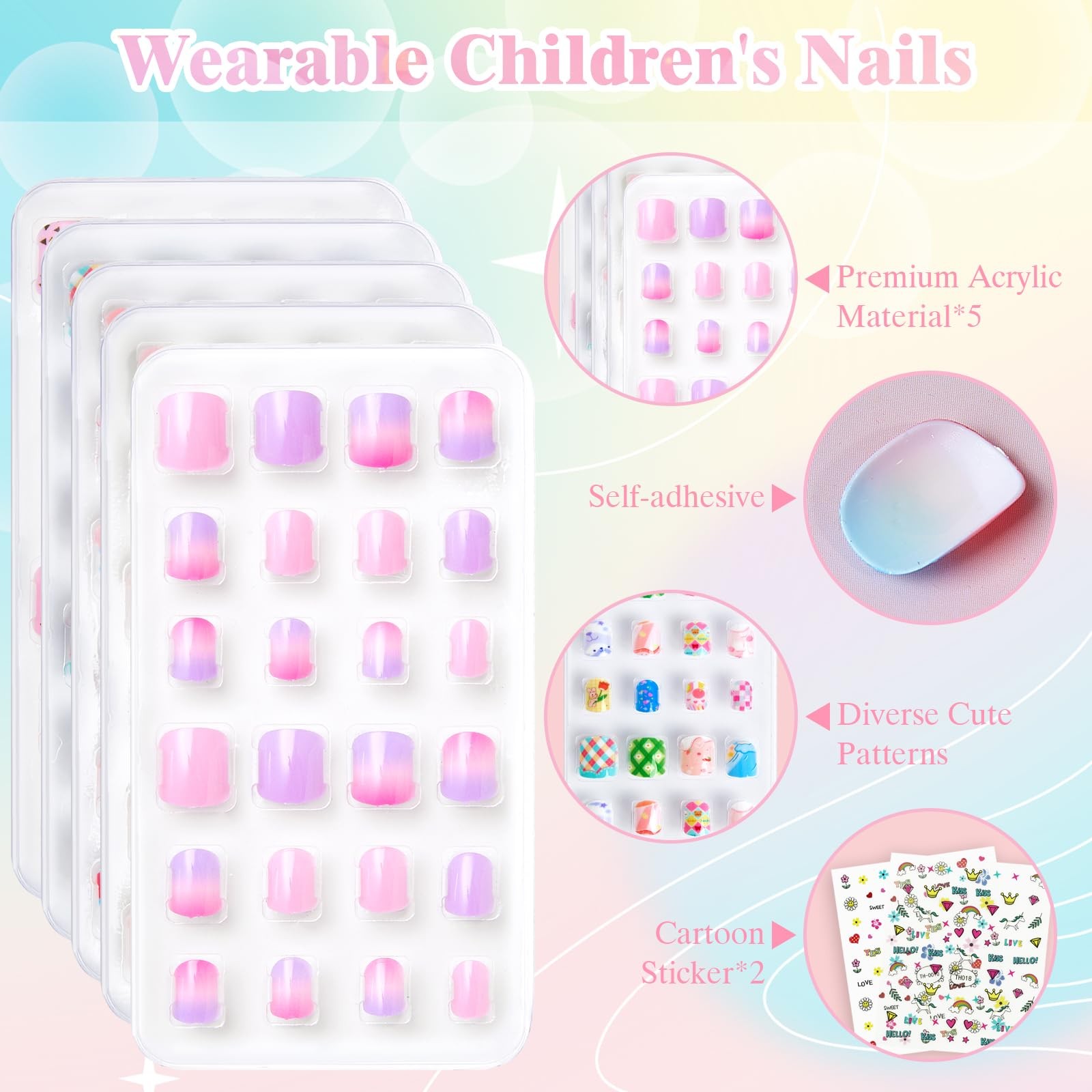 CUXFLS Kids Press on Nails 120 Pcs for Girls, Short Artificial Fake Style 5