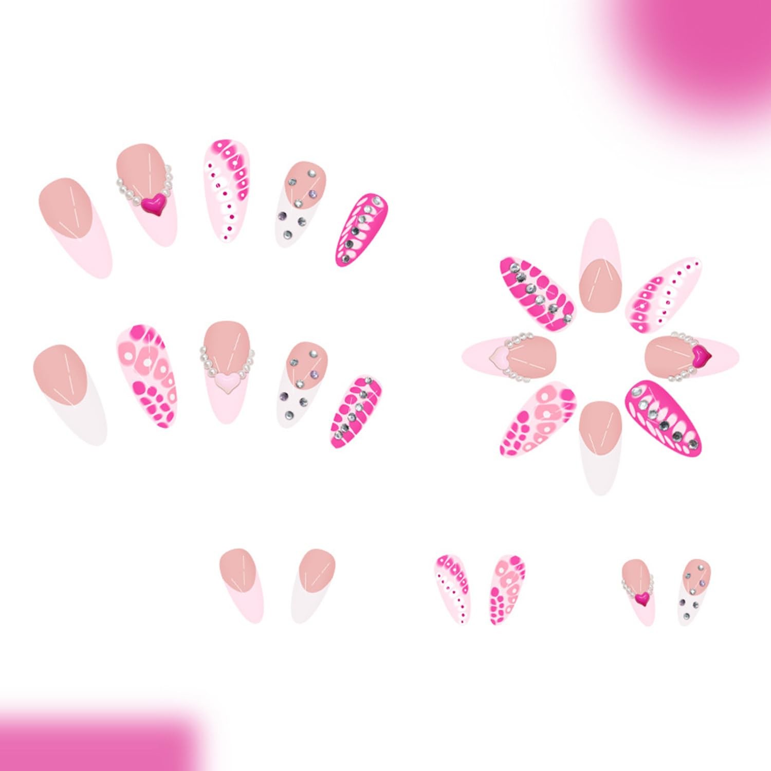 Rhinestones Pearl Press on Nails Pink White French Tip with Design Glossy Lon…