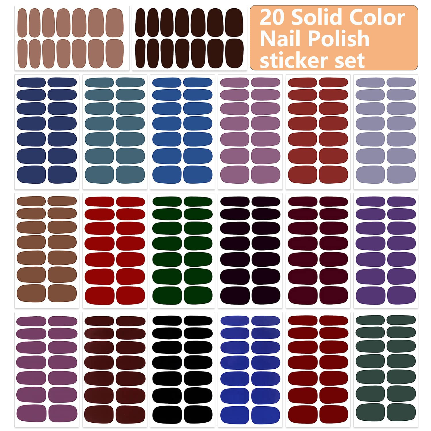 20 Sheets Dark Solid Color Series Nail Polish Strips Stickers with Nail File Sel