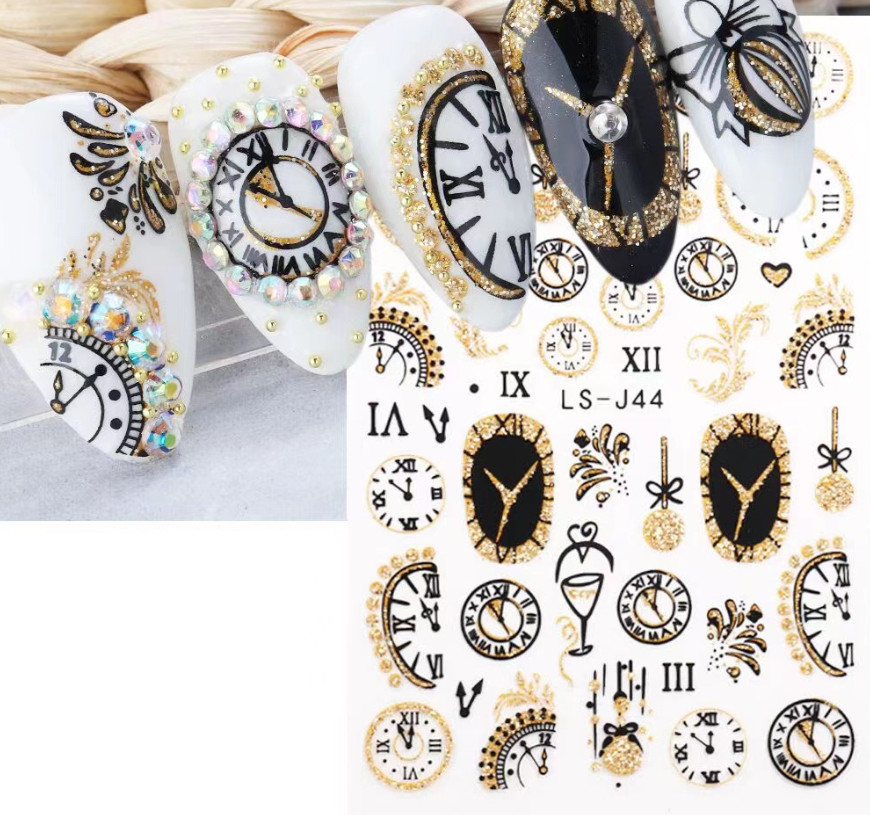 Glitter 3D Gold Black 2023 New Year Clock Time Cat French Nail Art Stickers NH21