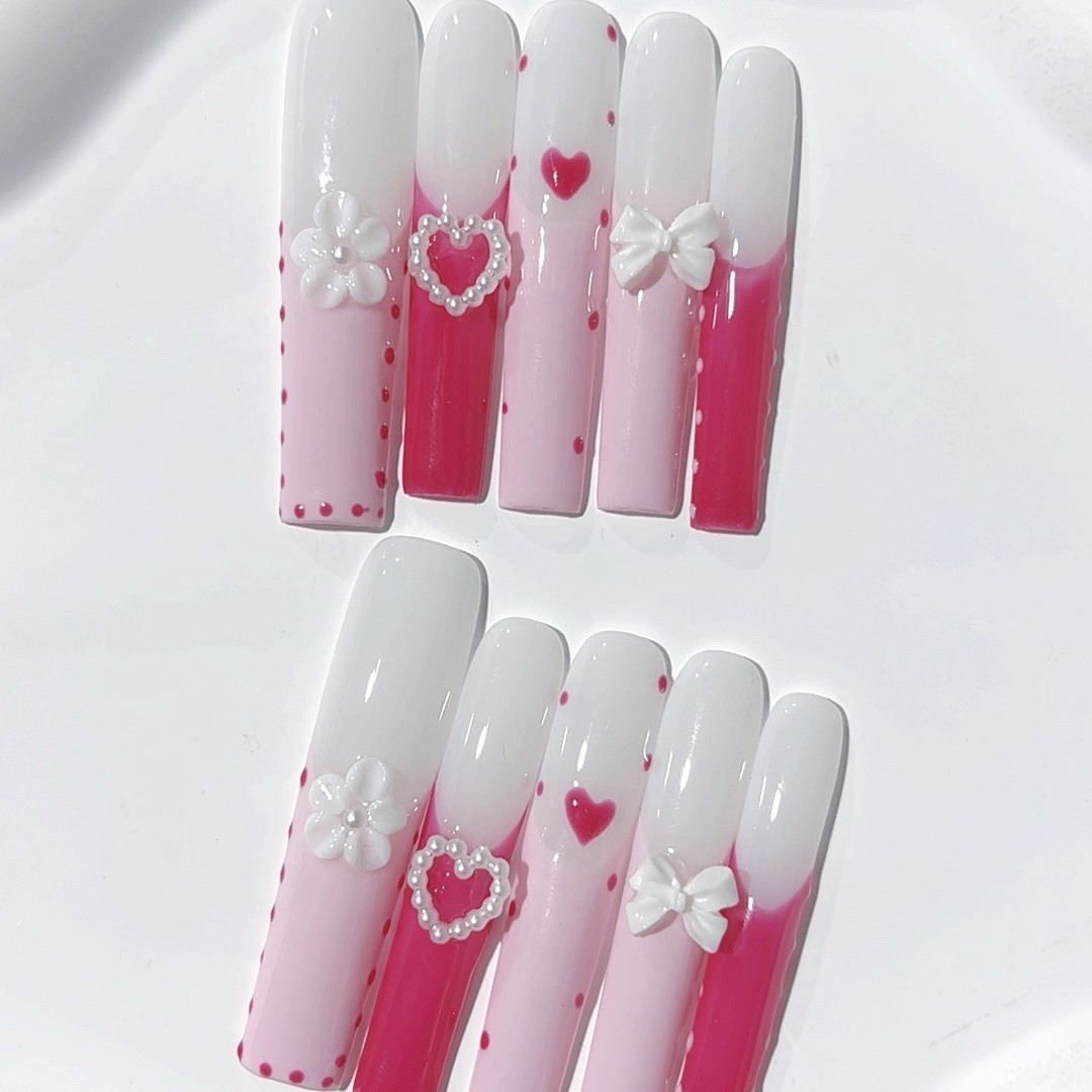 10Pcs Heart Floral Relief Carved Long Tapered Press On Nails For Dating