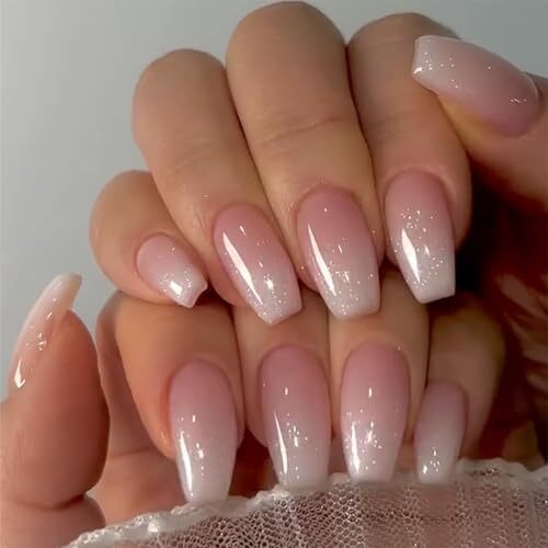 Glitter French Press on Nails Short Medium Coffin, glossy ombre pink shimmer