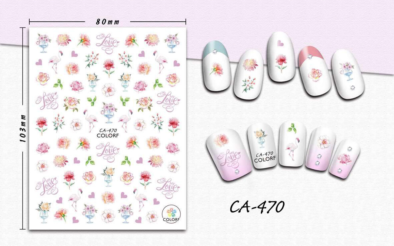 Nail art 3D stickers decal white pink red flowers flamingo purple heart CA470