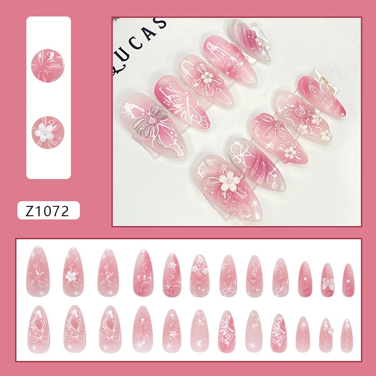 24Pcs Flower Press on Nails Medium Almond Fake 3D Almond, Pink
