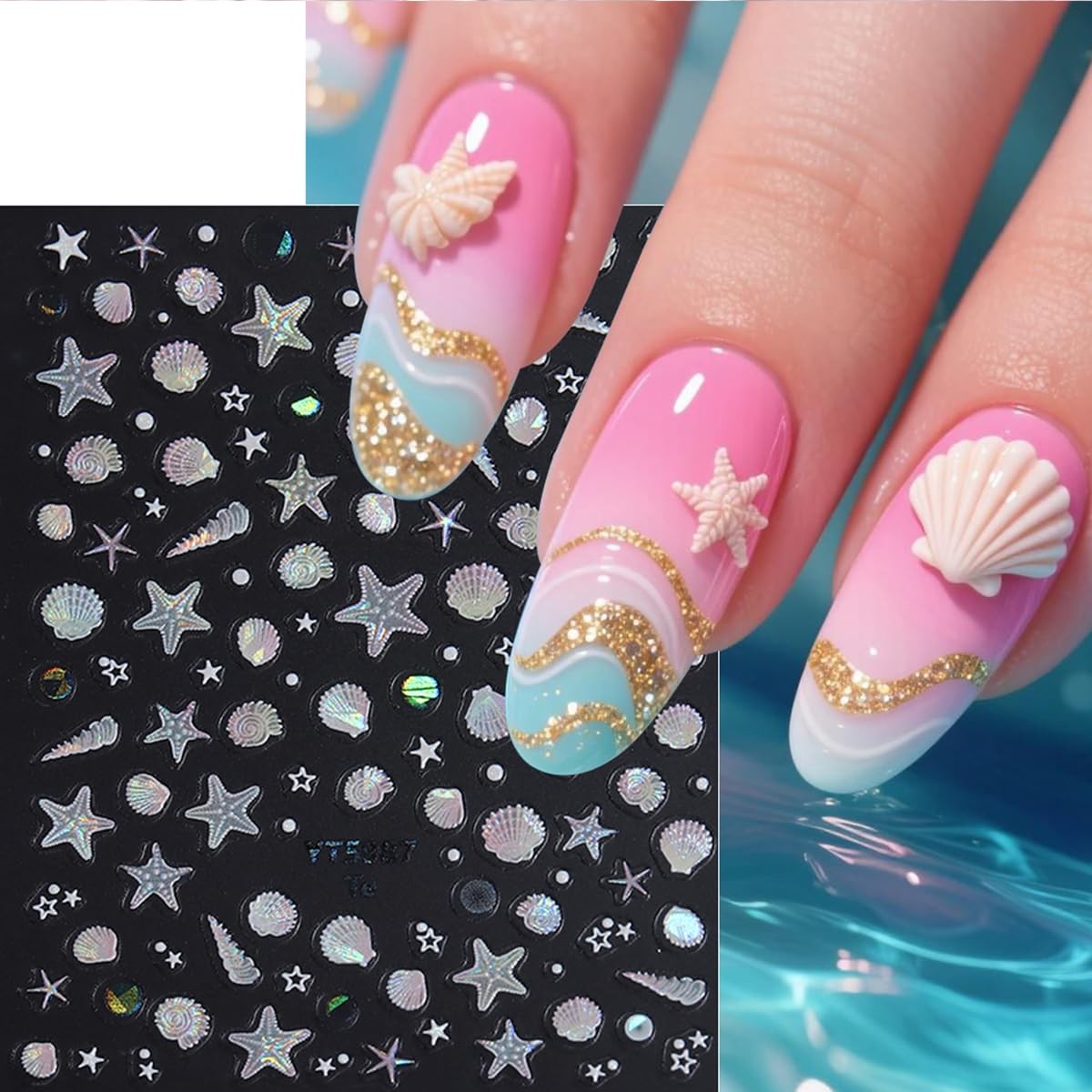 Summer Nail Stickers Decals 3D Ocean Self-Adhesive Starfish, Shells, Conch, P…