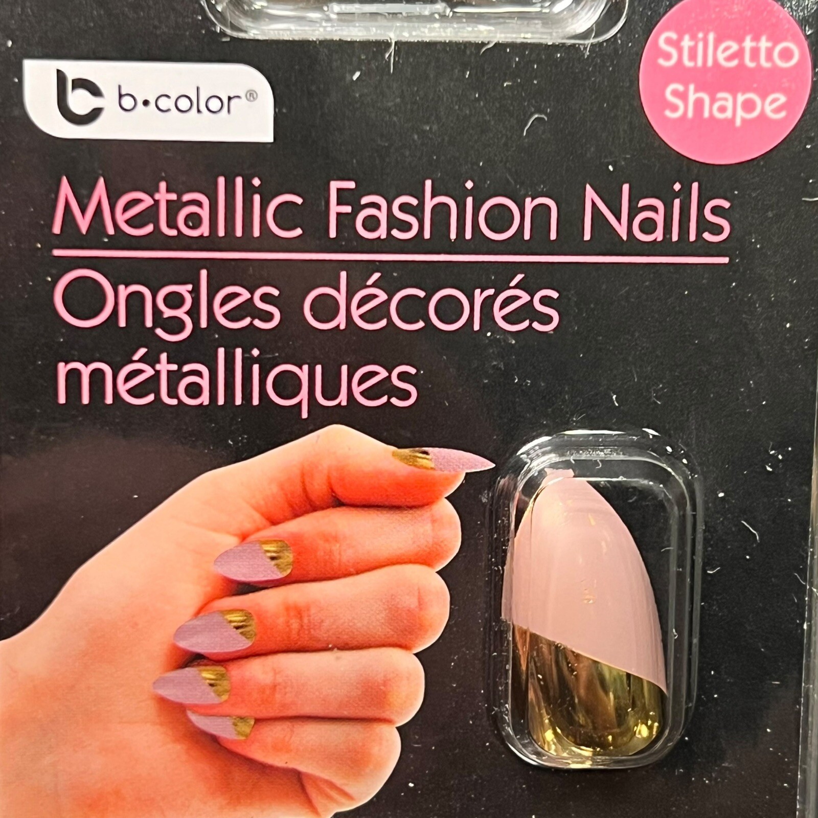 b color Metallic Fashion Nails Stiletto Shape NEW Pack Gold/Pink