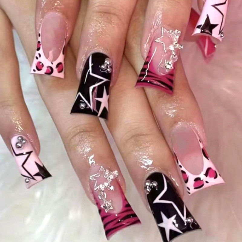 48pcs-Long Coffin Press on Nails, Pink Black Star & Leopard Print with Crystals