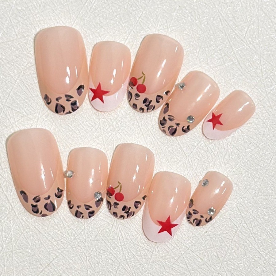 48Pcs-Short Round Nude Leopard Print French Cherry Rhinestone Press on Nails