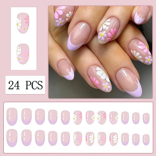 24Pcs Press on Nails Short Almond French Colorful Purple French Tip Daisy