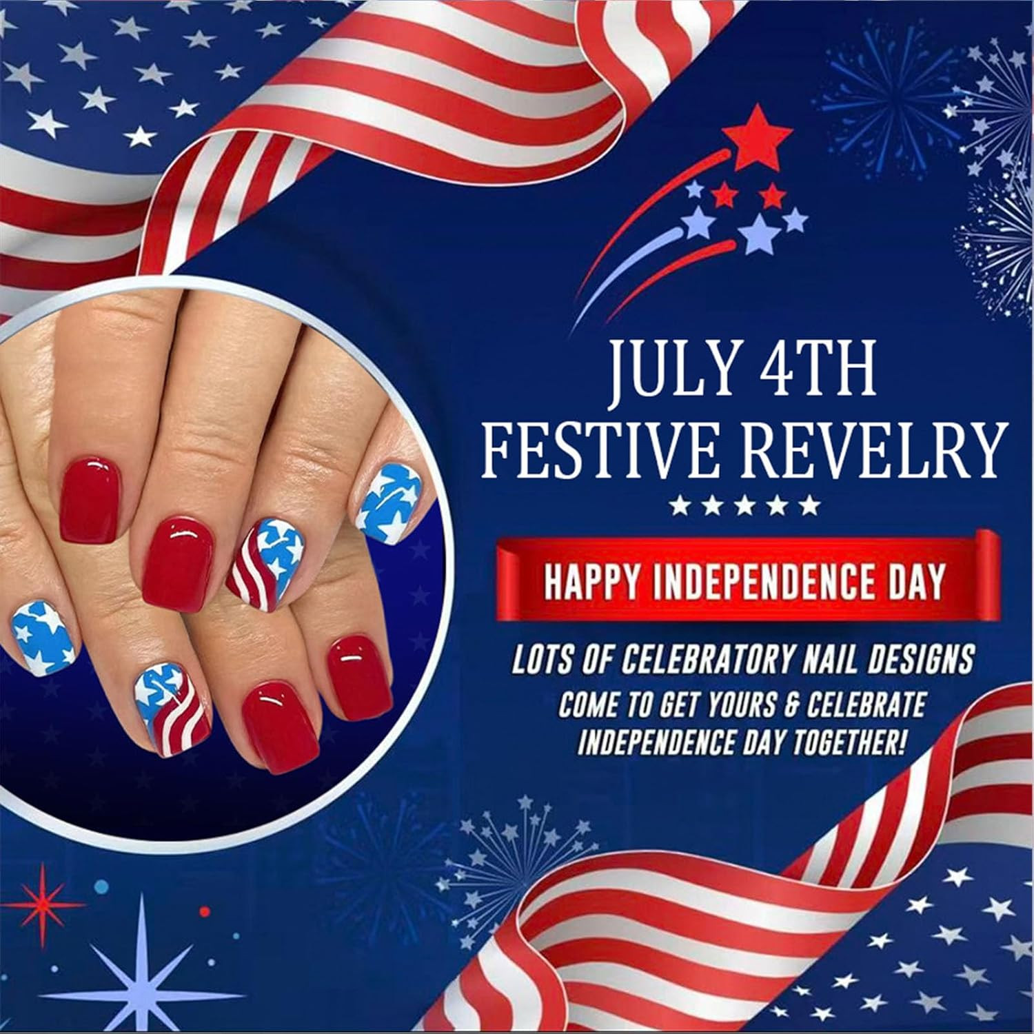 4Th of July Press on Nails Short Square Fourth of July Fake Nails with Stars Red