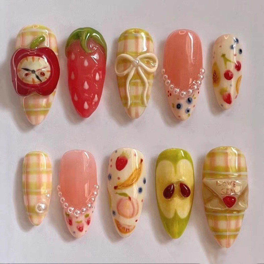 60P Short Almond Press on Nails, 3D Fruit Plaid Bow Cute Kawaii Fake Nails