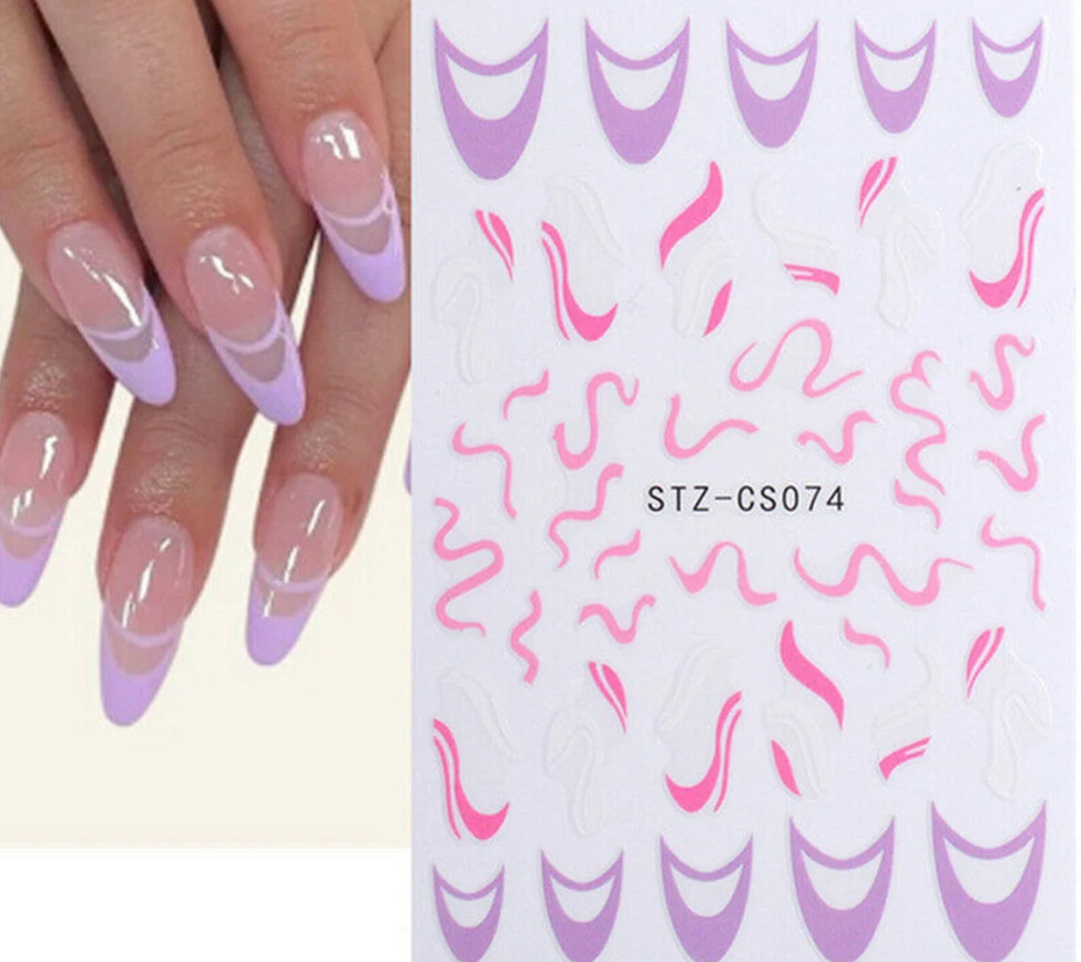 7Pcs Nail Art Stickers Decal Pink White French Line Swirl Wave Geometric NS7