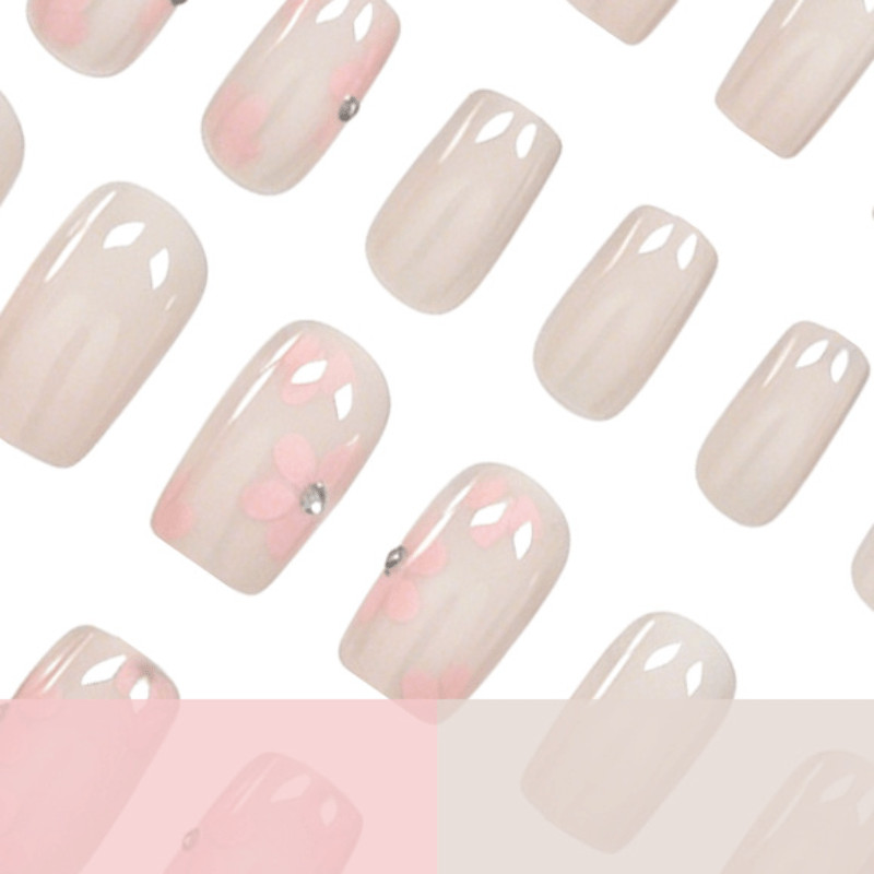 48p Short Square Press on Nails, Milky White French Pink Floral Cute Daily Nails