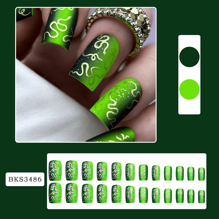 48P Short Square Press on Nails Green Black Gradient Gold Snake Fake Nails