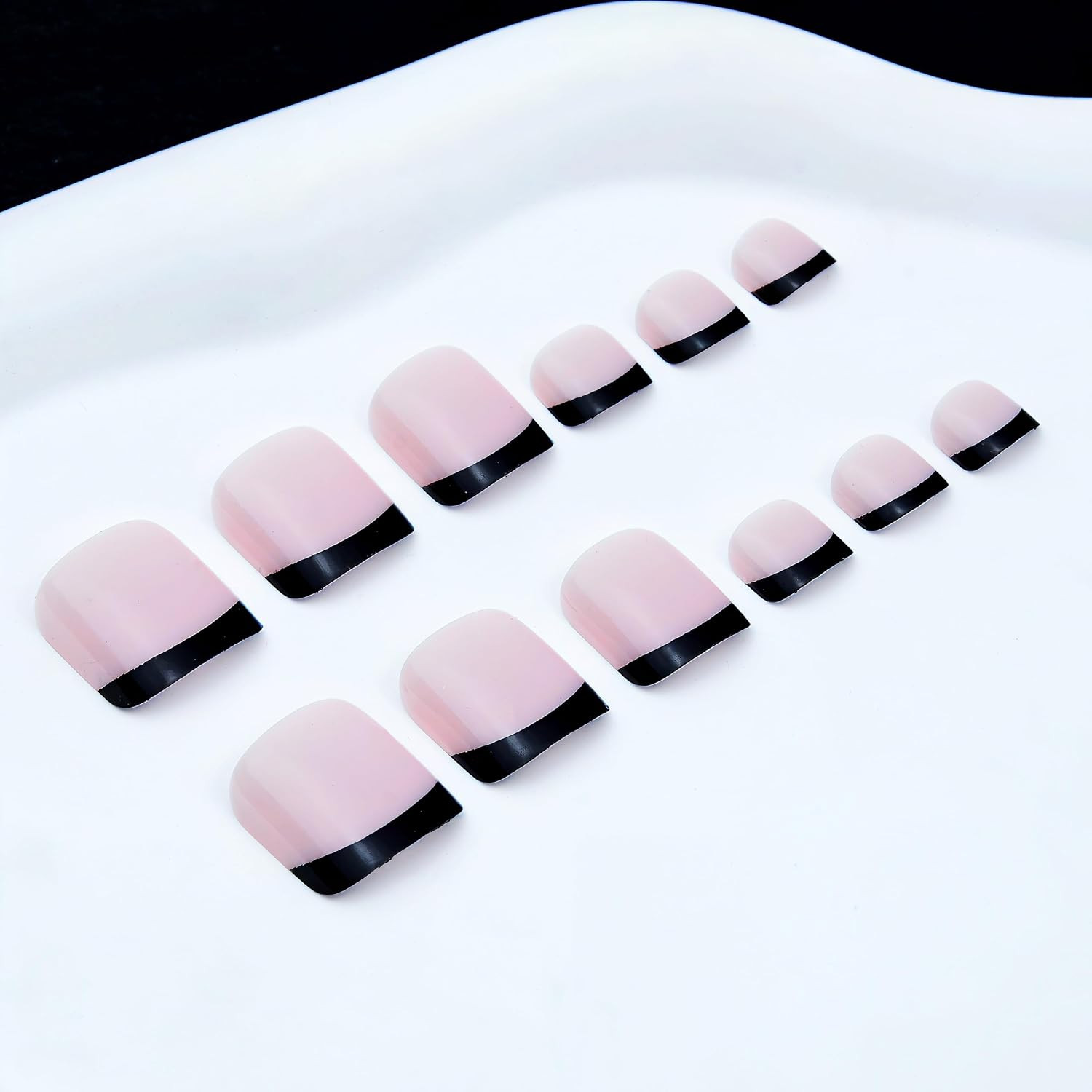 Black French Tip Press on Toenails Short Square Fake Toenails Black Edge Full Co