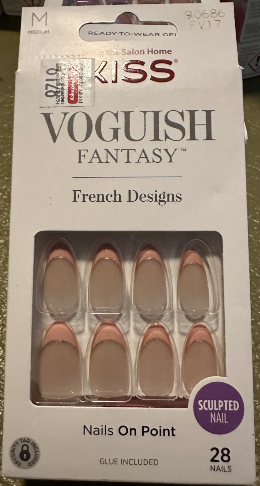 Kiss Nails Glam Fantasy Glue/Press on Medium Pink French Tip Gold line Almond