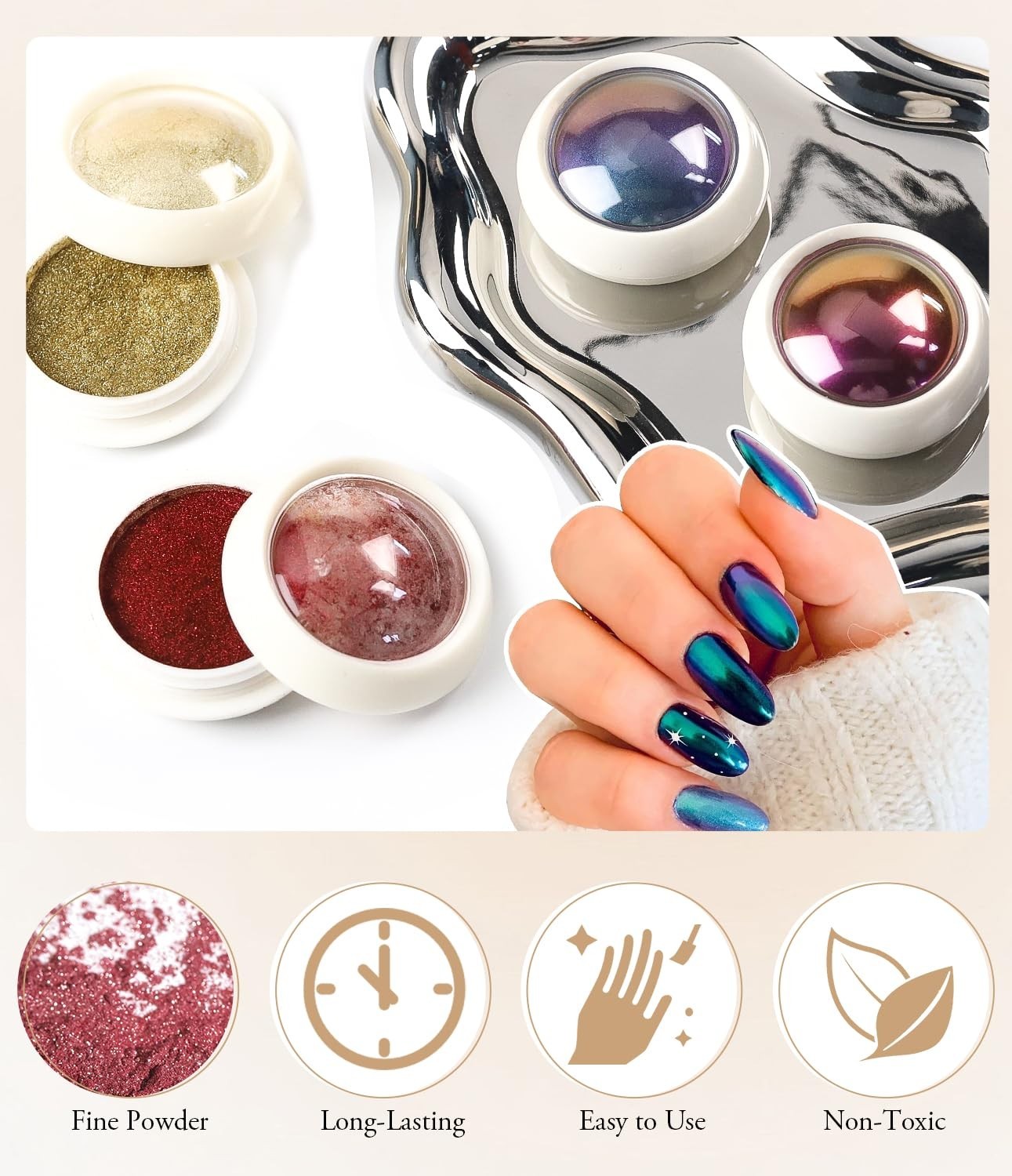 Metallic Holographic Chrome Nail Powder Set – White Pearl Gel Nail Art DIY Gift