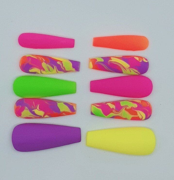 Rainbow Vibrant Spring Luxury Marble Pink Purple Yellow Set Of 10 Press on Nails
