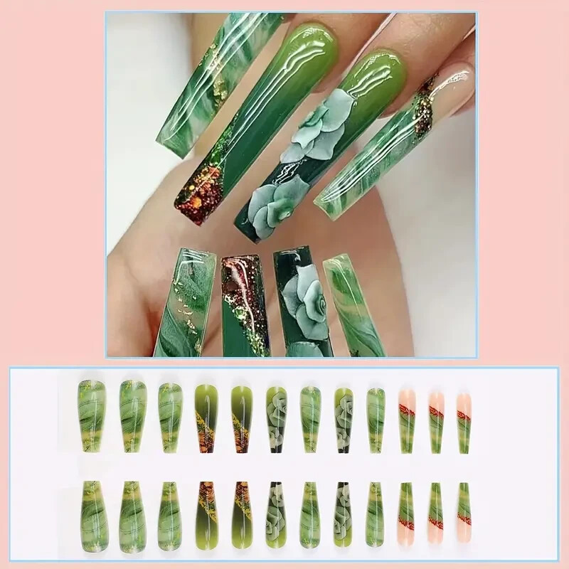 24 Pcs Set Long Coffin Press On Nails Floral Green Full Cover Acrylic Fake NIB