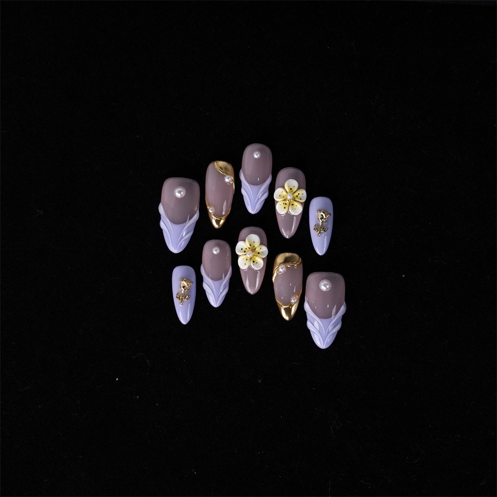 Handmade Press On Nails High Quality Gradient Floral Almond Fake Nail for Office