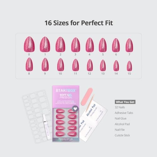 Press On Nails Almond, Short, Glitter Pink, 32Ct | 2+ Week Wear, Stardust Pink