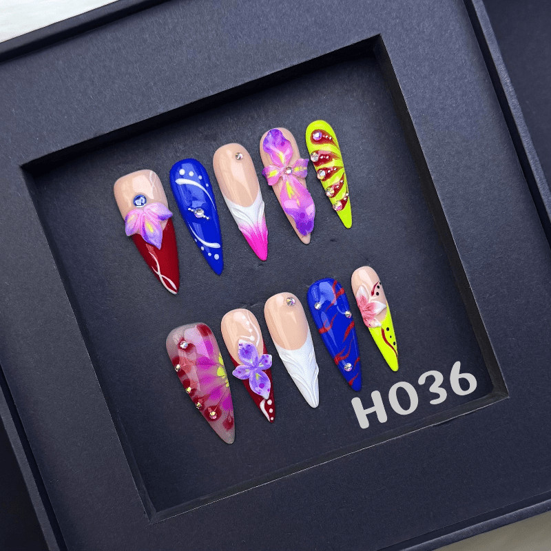 Vibrant Floral Handmade Press on Nails 3D Flower Rhinestone Colorful Fake Nails