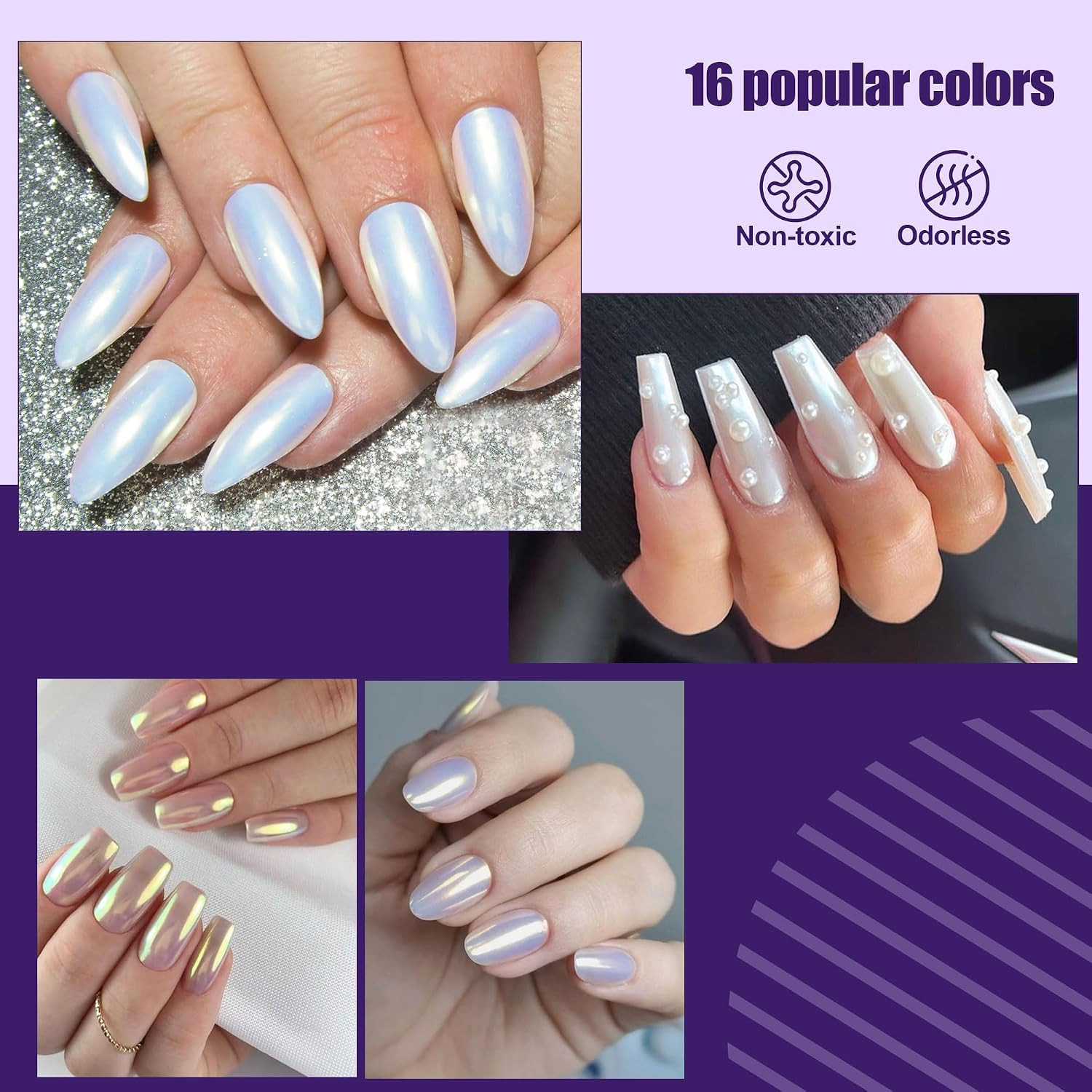 16Jars Chrome Nail Powder Magic White Pearl | Colored Mirror Effect Silver Gold