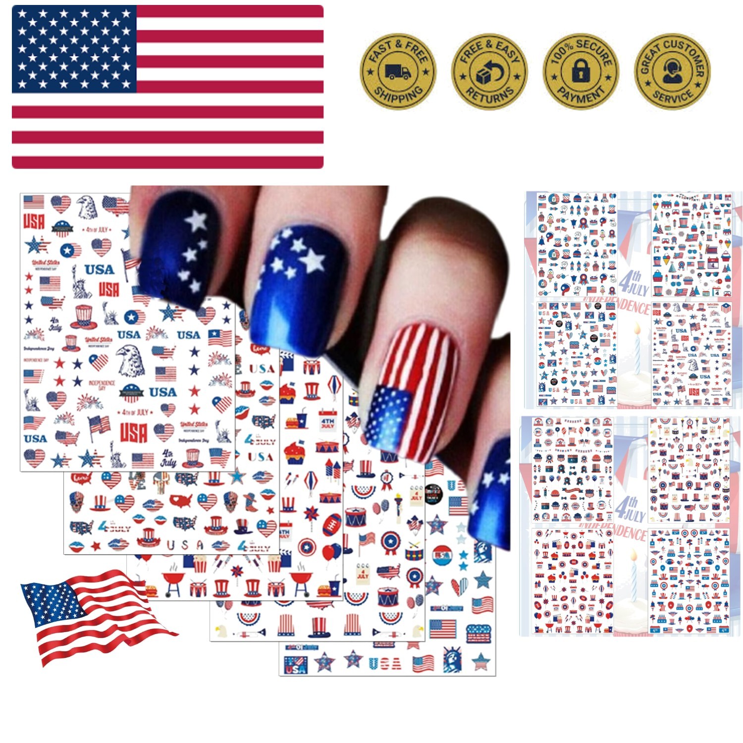 12 Sheets 4th of July Nail Decals Stickers, Self Adhesive Independence Day Pa…